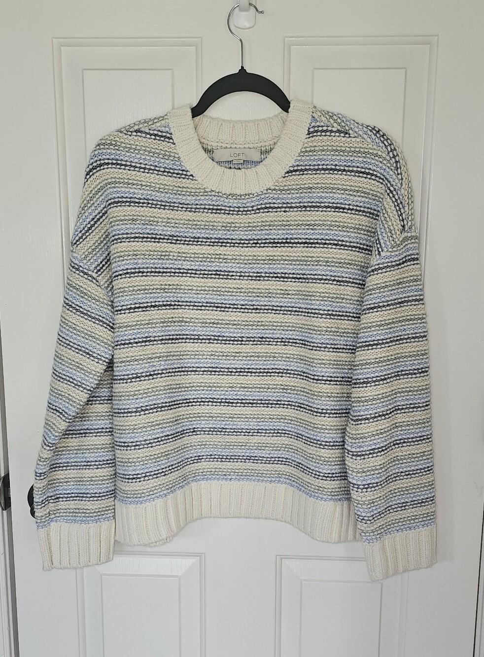 NWOT LOFT Striped Chunky Knit Fall Sweater Blue Cream Green Size L